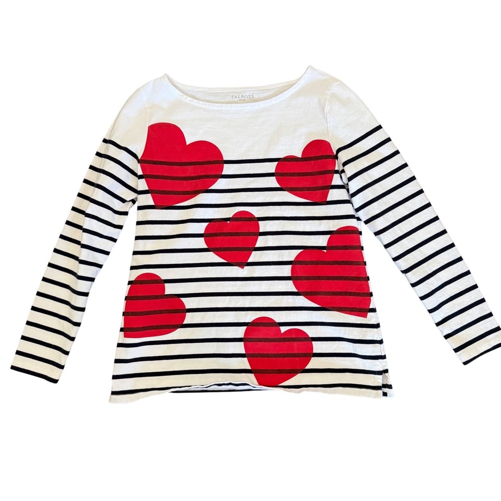 Talbots Petite Small Sp White Black Striped Red Heart‎ Long Sleeve Cotton Top